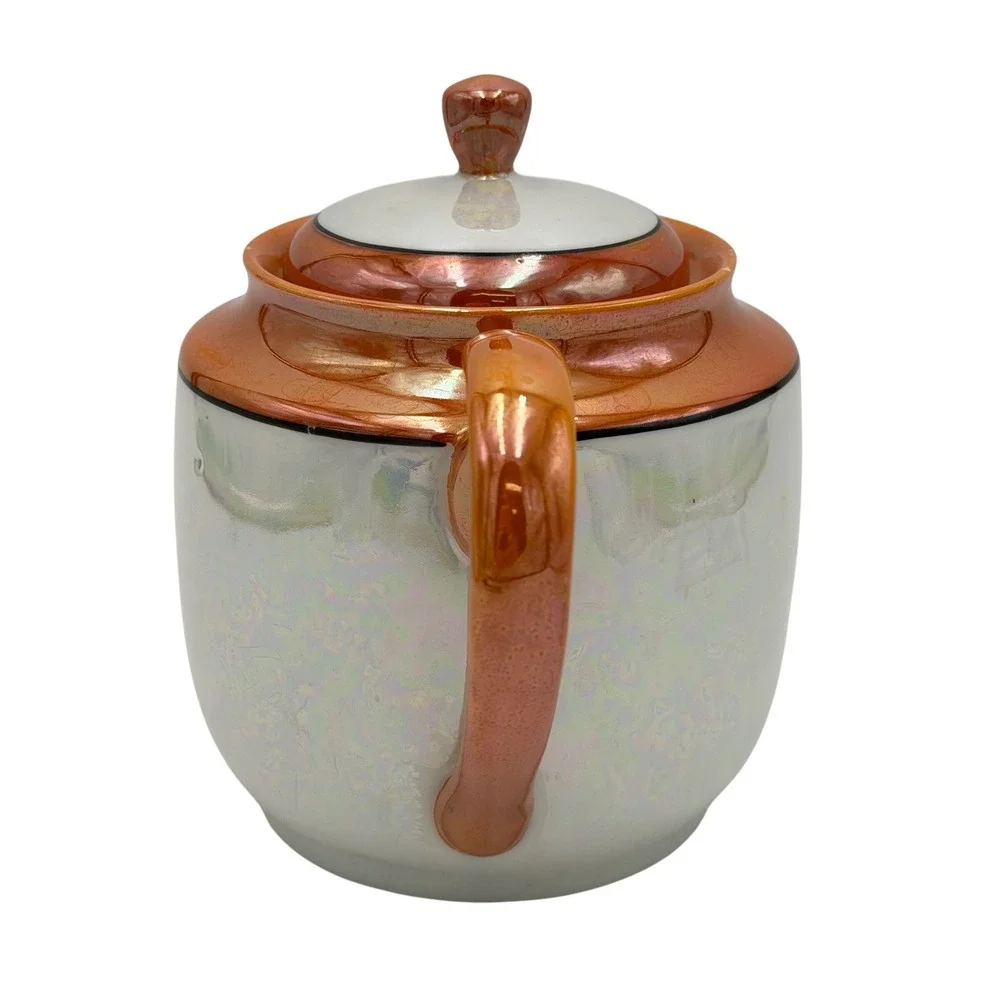 Vtg Made in Japan Iridescent Lusterware Teapot Orange‎ White Black Porcelain Lid